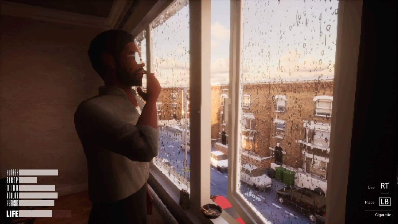 Arthur looks out the window while smoking in Apartment Story